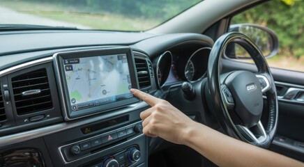 Close-up of a driver's hand using a car's touchscreen GPS navigation system on the dashboard