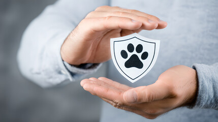 Human hands cupping a white shield icon featuring a black animal paw print 