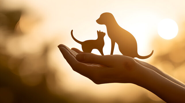 Silhouetted cat and dog standing on open human hands during a golden sunset 