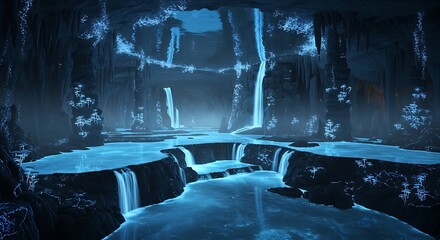 Mysterious Blue Cave Interior with Waterfalls and Glowing Light.