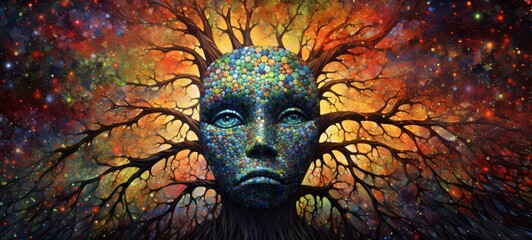 Pointillist grunge design of banyan monster with abstract dotted pattern,generative AI