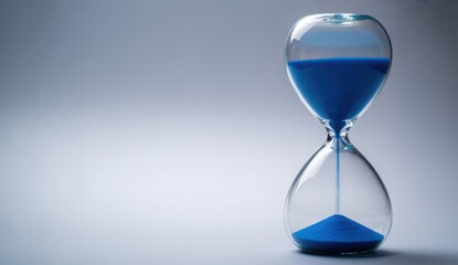 Elegant glass hourglass with flowing blue sand against a soft grey background symbolizing time management