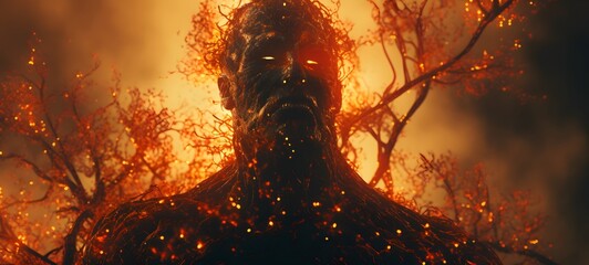 Pointillist grunge design of treants ifrit with abstract dotted pattern,generative AI