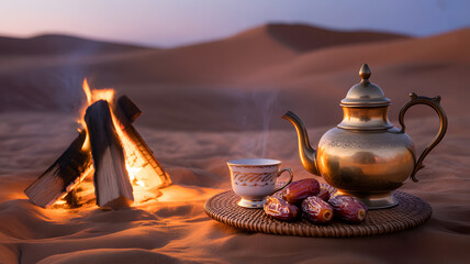 Tea and dates by a campfire in the desert dunes.