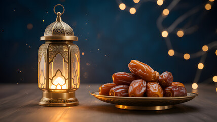 Ramadan Kareem celebration with dates, lantern, and lights for a festive mood.