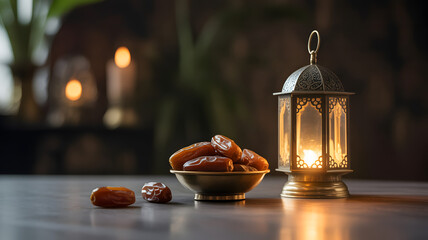 Dates, and lantern representing Ramadan Kareem celebration on dark wooden table.