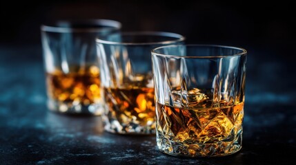 Three clear glasses contain whiskey and ice cubes on a dark surface. The setting suggests evening with soft lighting creating a warm atmosphere.