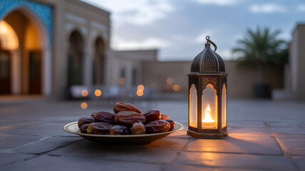Ramadan dates and lantern in the courtyard at dusk lighting the floor.