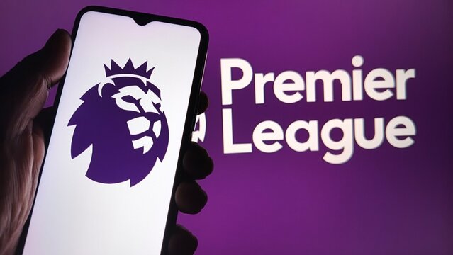 Premier League logo on a smartphone screen with purple background