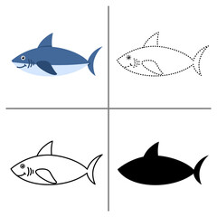 Cute shark clipart set for kids, cartoon bear animal in color outline dotted and silhouette styles, on white background