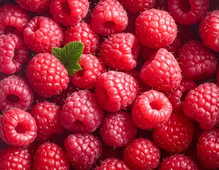Close-up view of many ripe red berries with a few green leaves amongst them, capturing their textured surfaces
