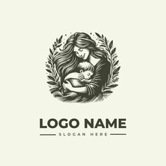 A tender illustration of a woman holding a baby surrounded by leaves with a logo name and slogan on a plain background.