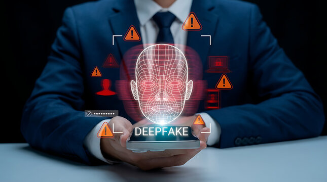 Security expert using smartphone to detect deepfake technology with holographic face mask and warning alerts for cybersecurity protection and identity fraud prevention in digital age - Powered by Adobe