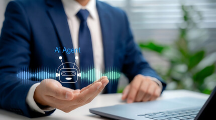 Businessman hands holding virtual artificial intelligence agent icon with digital voice assistant sound waves technology for corporate business automated support 