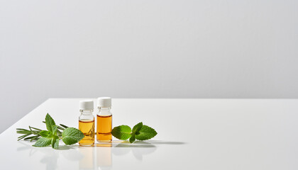 白を基調としたテーブルに並ぶ精油の小瓶とハーブ