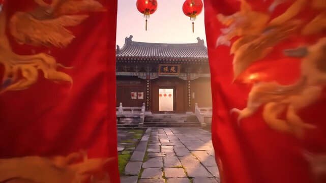 Sunlight illuminates a serene Asian courtyard showcasing vibrant red banners adorned with gold patterns and numerous red lanterns. Pavement stones and mossy patches create a textured ground surface.