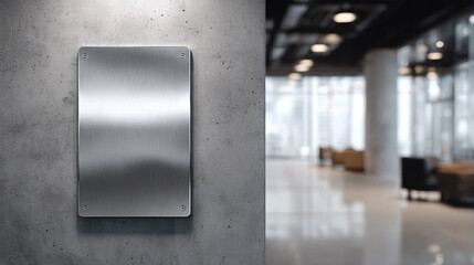 Fototapeta premium Modern industrial interior with a blank grey signage board on a concrete wall in a professional lounge area