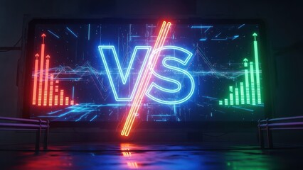 Neon VS graphic with dynamic charts illustrating competitive market trends and digital confrontation