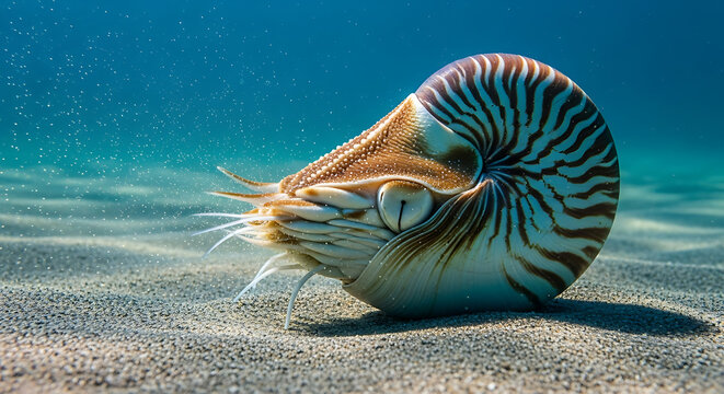 Nautilus shell on sandy seabed