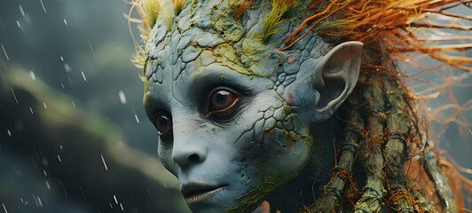 Pointillist grunge design of Troll dryad with abstract dotted pattern,generative AI