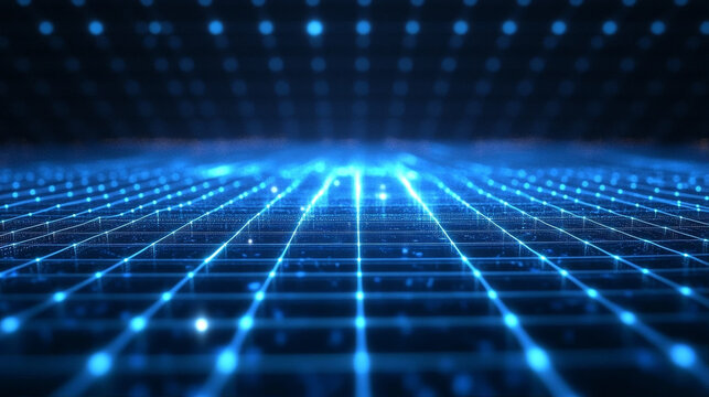 Abstract futuristic blue glowing digital grid with light particles and bokeh for technology background