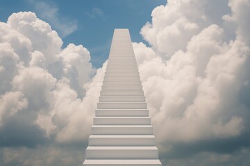 Heaven leading upwards conceptual staircase dramatically vibrant filled fluffy stairs appear endless, white clouds, blue sky, ascending stairway.