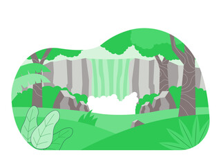 Obraz premium Natural landscape featuring a waterfall in a jungle or forest setting. Ecosystem vector illustration. Flat illustration concept.