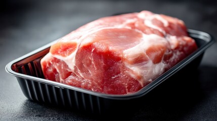 A piece of pork meat rests in a black plastic tray. It shows a cut of meat with some fat. The setting is a kitchen or market where meat is sold.