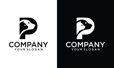 Creative Initial letter P. Pet logo design template. Modern animal icon for store, veterinary clinic, business service. Logo with cat and dog concept.