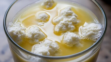 Close-up of whey and curd in a glass offering a visual texture of dairy separation