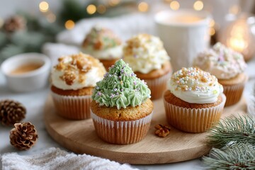 Festive Cupcakes Decorated with Colorful Icing, Sprinkles, and Nuts on a Wooden Board Surrounded by Holiday Decoration and Soft Light