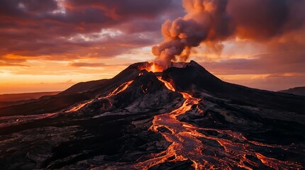 Fototapeta na wymiar Volcanic Eruption at Sunset with Glowing Lava and Smoke