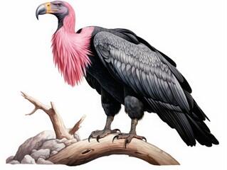 Vivid illustration of a large condor with pink neck feathers and dark wings perched on a branch, ideal for wildlife and nature themes.