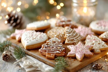 Festive Holiday Cookies Decorated with Icing and Sprinkles Perfect for Christmas Celebrations, Party Treats, and Seasonal Gatherings with a Warm Cozy Atmosphere