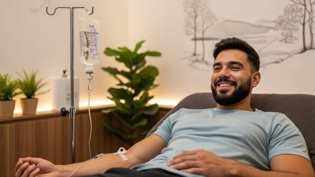 Happy patient receiving intravenous vitamin therapy for wellness and improved immunity