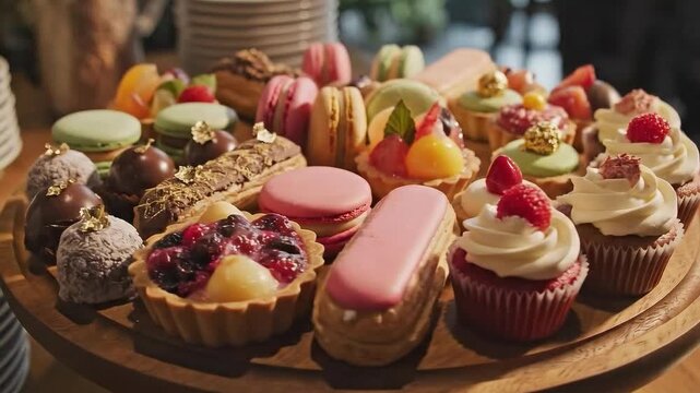 Assortment of gourmet pastries and desserts sweet treats for celebrations and events beautifully arranged on a wood.