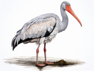 Detailed watercolor illustration of a tall wading bird with long orange beak and layered feathers, ideal for nature, wildlife, and educational uses.