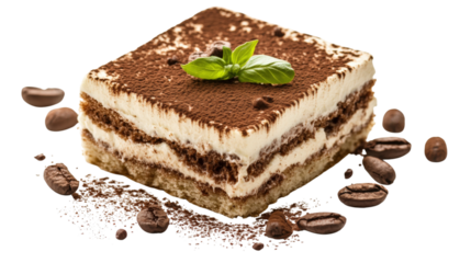 A slice of dessert with a green leaf on top