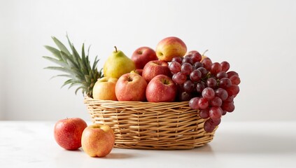 Classic Fruit Basket with Apples Pears and Grapes on White Background