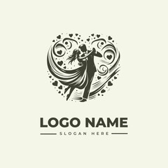 A logo illustration featuring a dancing couple in a heart-shaped design with swirling patterns and hearts on a beige background, incorporating a placeholder for a logo name and slogan.