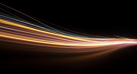 Abstract visualization of rapid movement shown as bright, flowing light streaks across a dark conceptual background representing pure kinetic force, vibration, background, digital