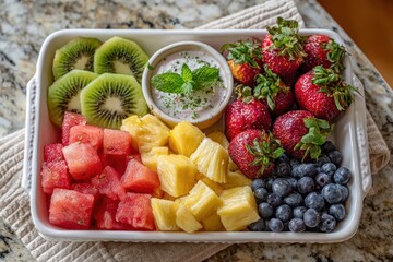 Fresh and Colorful Fruit Platter with Strawberries, Kiwi, Watermelon, Pineapple, and Blueberries Accompanied by a Creamy Mint Dip on a Marble Countertop