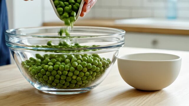 Person Pouring Green Peas Into Glass Bowl on Wooden Counter