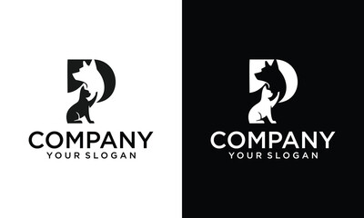 Creative Initial letter P. Pet logo design template. Modern animal icon for store, veterinary clinic, business service. Logo with cat and dog concept.