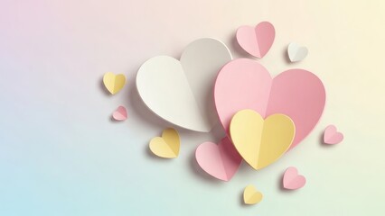 Paper Cut Heart Shapes Layered on Soft Pastel Background, Minimal Valentine's Day Design, Modern Craft Style