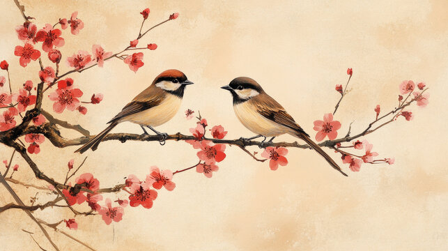 Two birds on a blossoming branch, traditional Asian ink and watercolor painting style