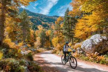 Naklejka premium Scenic Mountain Biking Adventure Through Vibrant Autumn Foliage in a Picturesque Forest Landscape with Golden Leaves and Majestic Peaks Under Clear Sky