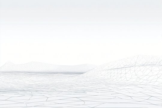 A minimalist landscape featuring white wireframe mountains and a calm horizon, creating a sense of depth and tranquility.