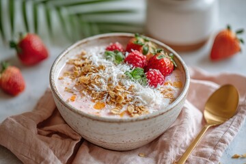 Fresh and Healthy Breakfast Bowl with Yogurt, Strawberries, Raspberries, Granola, and Coconut Flakes Surrounded by Natural Elements and Soft Textiles