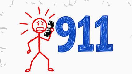 A distressed stick figure dials 911, illustrating the urgent concept of needing immediate emergency assistance and a rapid response from essential services during a crisis